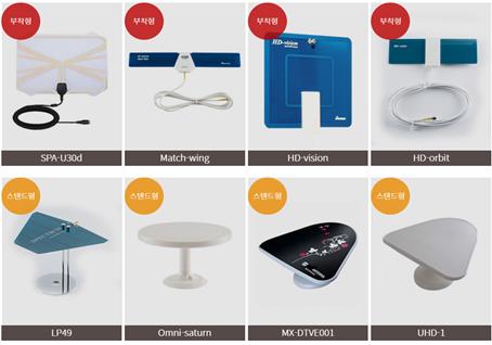 실내안테나-부착용 4가지 모델 SPA-U30dm, match-wing,HD-vision,HD-orbit/ 스탠드형 4가지 모델 LP49,omni-saturn,ms-dtv001,uhd-1