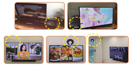 실내 안테나 설치 모습 - TV 좌우 하단 설치, TV 상단 좌우설치, TV 근처 수신 가능 창가 설치 / 실외안테나 지붕 설치 및 실외 거치 가능한 곳 설치 모습