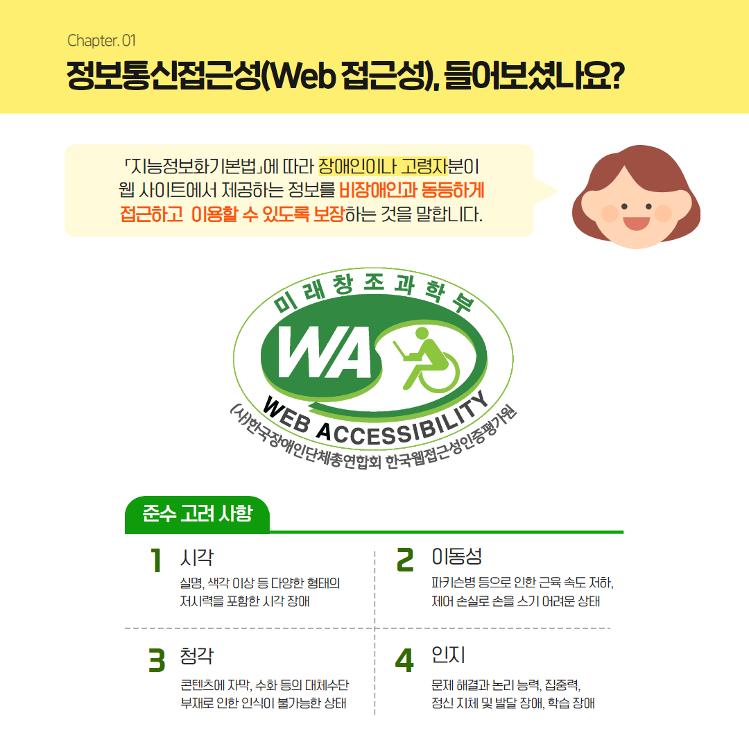 정보통신접근성(Web접근성), 들어보셨나요? / 지능정보화기본법에 따라 장애인이나 고령자분이 웹 사이트에서 제공하는 정보를 비장애인과 동등하게 접근하고 이용할 수 있도록 보장하는 것을 말합니다. / 인증마크 이미지 / 준수고려사항 1. 시각 : 설명, 색각 이상 등 다양한 형태의 저시력을 포함한 시각 장애   2. 이동성 : 파키슨병 등으로 인한 근육 속도 저하, 제어 손실로 손을 쓰기 어려운 상태 / 3. 청각 : 콘텐츠에 자막, 수화 등의 대체수단 부재로 인한 인식이 불가능한 상태 / 4. 인지 : 문제 해결과 논리 능력, 집중력, 정신 지체 및 발달 장애, 학습 장애
