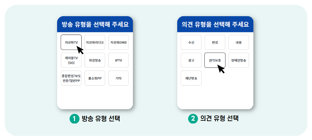 1. 방송유형선택 : 방송유형을 선택해주세요. 지상파TV, 지상파라디오, 지상파DMB, 케이블TV(SO), 위성방송, IPTV, 종편편성/보도전문/일반PP, 홈쇼핑PP, 기타. 2. 의견유형 선택 : 의견유형을 선택해 주세요. 수신, 편성, 내용, 광고, 권익보호, 장애인방송, 재난방송