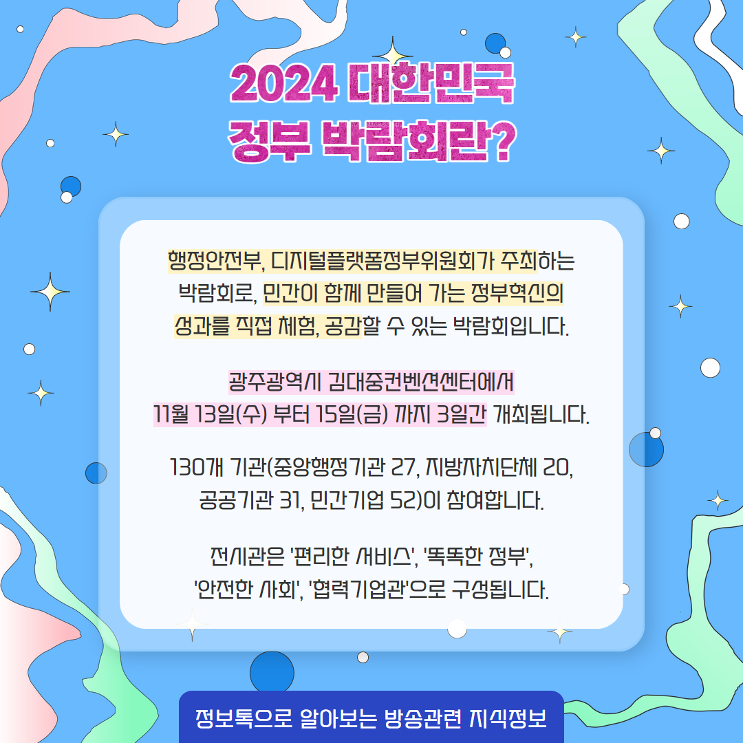 2024 대한민국 정부 박람회란 ? 행정안전부, 디지털플랫폼정부위원회가 주최하는 박람회로, 민간이 함께 만들어간느 정부혁신의 성과를 직접 체험, 공감할 수 있는 박람회입니다. / 광주광역시 김대중컨벤션센터에서 11월 13일(수) 부터 15일(금)까지 3일간 개최됩니다. 130개 기관(중앙행정기관 27, 지방자치단체 20, 공공기관 31, 민간기업 52)이 참여합니다. 전시관은 '편리한 서비스', '똑똑한 정부', '안전한 사회', '협력기업관'으로 구성됩니다. / 정보톡으로 알아보는 방송관련 지식정보