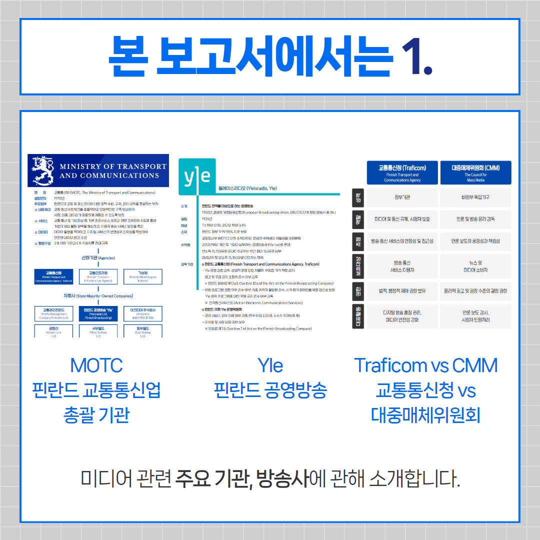 본 보고서에서는 1. motc 핀란드 교통통신업 총괄기관, yle 핀란드 공영방송, traficom vs cmm 교통통신청 vs 대중매체 위원회 / 미디어 관련 주요 기관, 방송사에 관해 소개합니다.