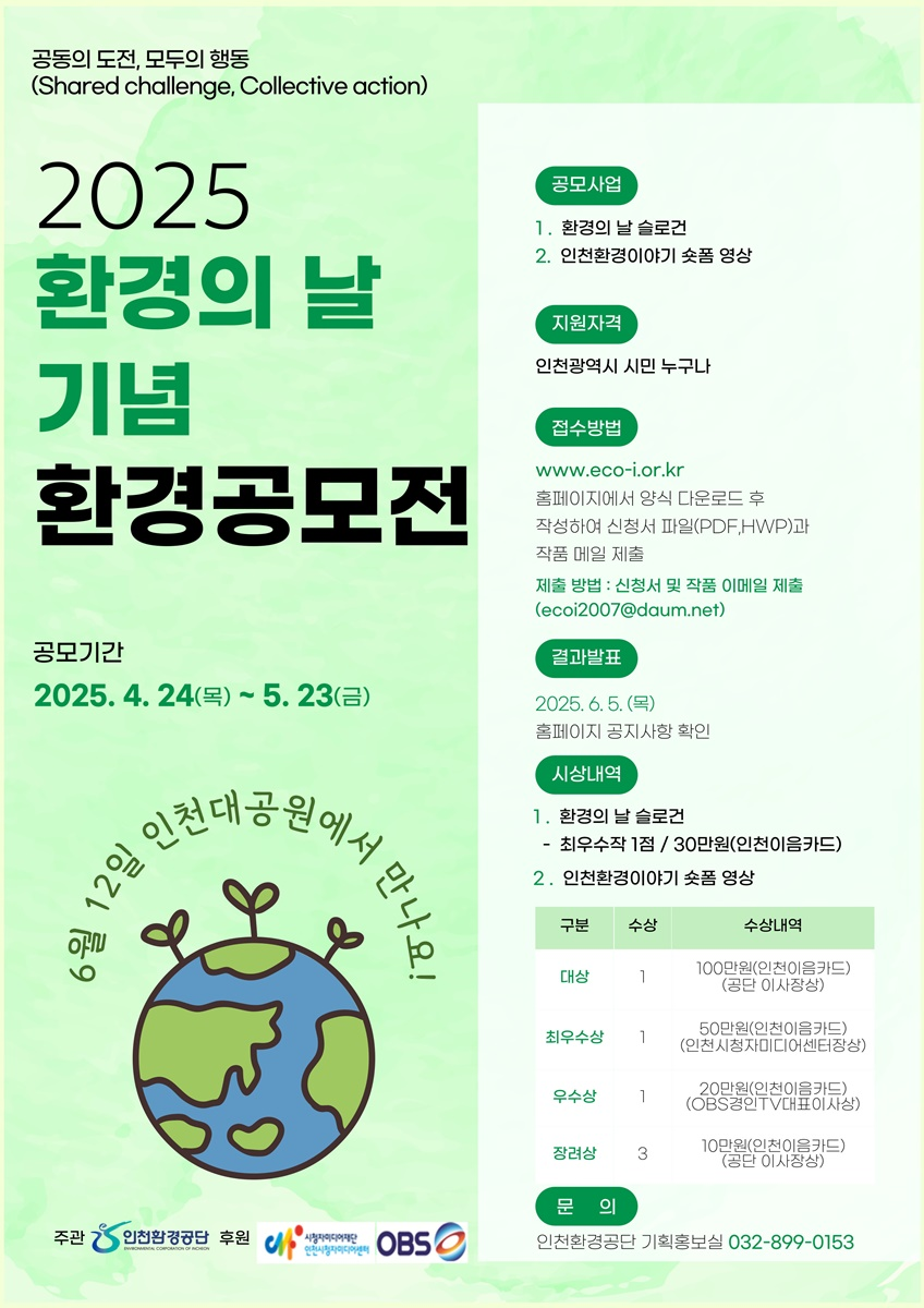 공모기간 2025.4.24(목)~5.23(금) 공모사업 1.환경의 날 슬로건 2.인천환경이야기 숏폼,영상 지원자격 인천광역시 시민 누구나 접수방법 www.eco-i.or.kr 홈페이지에서 양식 다운로드 후 작성하여 신청서 파일(PDF)(HWP)과 작품 메일 제출 제출방법 : 신청서 및 작품 이메일 제출 ecoi2007@daum.net 결과발표 2025.6.5(목) 홈페이지 공지사항 확인 시상내역 1.환경의 날 슬로건 -최우수작 1점 / 30만원(인천이음카드) 2. 인천환경이야기 숏폼 영상  대상 : 1명 / 100만원(인천이음카드) (공단 이사장상) 최우수상 : 1명, 50만원(인천이음카드) (인천시청자미디어센터장상) 우수상:1명, 20만원(인천이음카드)(OBS경인TV대표이사상) 장려상:3명, 10만원(인천이음카드)(공단 이사장상) 문의 인천환경공단 기획홍보실 032-899-0153