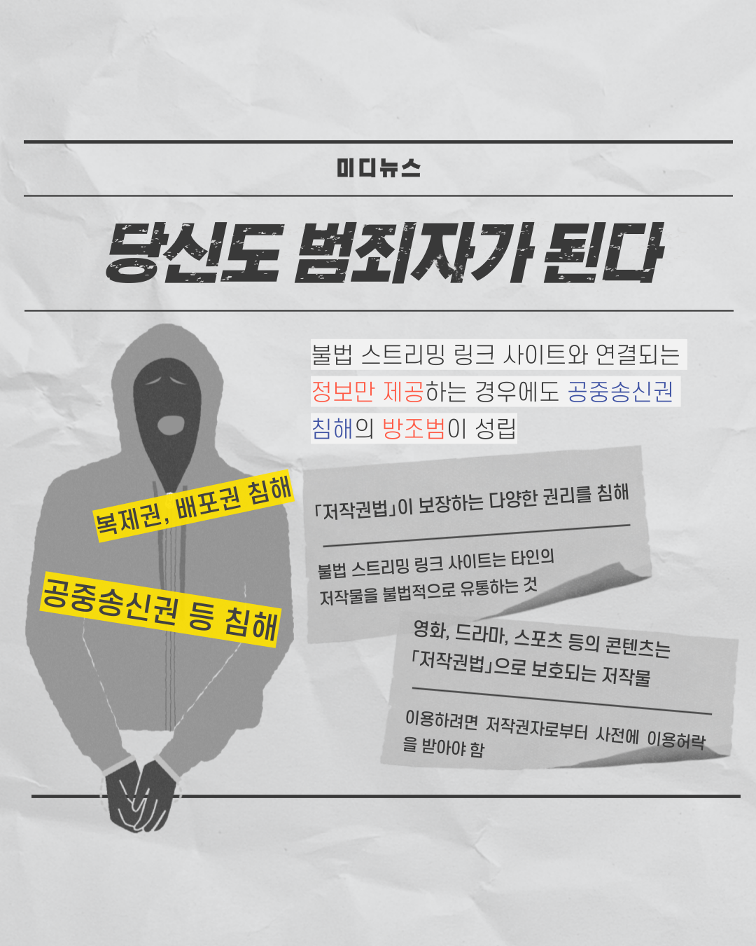 미디뉴스 / 당신도 범죄자가 된다 : 불법 스트리밍 링크 사이트와 연결되는 정보만 제공하는 경우도 공중송신권 침해의 방조범이 성립 / 저작권법이 보장하는 다양한 권리를 침해 : 불법 스트리밍 링크 사이트는 타인의 저작물을 불법적으로 유통하는것 / 영화, 드라마, 스포츠 등의 콘텐츠는 저작권법으로 보호되는 저작물 : 이용하려면 저작권자로부터 사전에 이용허락을 받아야함